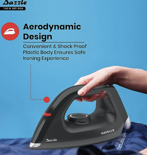 Havells Plastic Dazzle 1100W Dry Iron Press German Technology Non Sick Coated Sole Plate & 2 Yrs Warranty (Black), 1100 Watts - Image 3